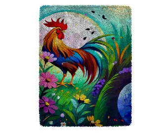 Kits de gancho de pestillo de gallo de colores, kit de alfombra de gancho de pestillo grande para adultos Kits de gancho de pestillo con decoración navideña de lona impresa