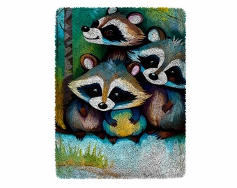 The Raccoon Family Latch Hook Kits, Large Latch Hook Rug Kit for Adults Latch Hook Kits with Printed Canvas Christmas  Decoration