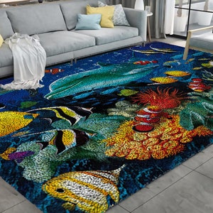 Latch Hook Kits, Large Latch Hook Rug Kit for Adults Latch Hook Kits with Printed Canvas Marine coral fish  Decoration