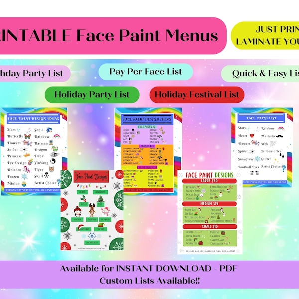 Face Painting Design Board - All Year Bundle PDF - 5 Signs!