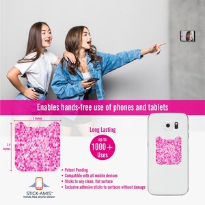 May include: A pink geometric phone sticker, 2.4 inches tall and 2 inches wide, is shown with a phone. The sticker is designed for hands-free use and is compatible with all mobile devices. The image also shows two women.