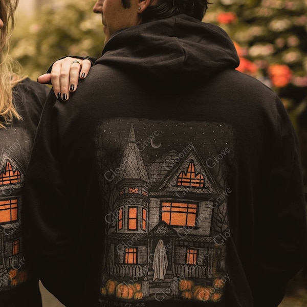 Ghost Zip Hoodie / House of Midnight Painting | Haunted House | A Ghost Story | Dark Cottagecore Clothing | Halloween