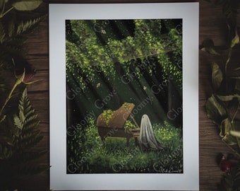 May include: A digital painting of a white ghost playing a piano in a dark forest. The piano is covered in green moss and leaves. The ghost is wearing a white sheet and has a faint smile on its face.