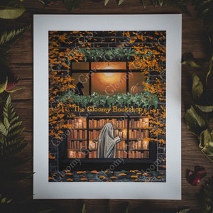 8x10in Fine Art Print | The Gloomy Bookshop | Spooky Ghost | Fall Artwork | Halloween | Black Cat