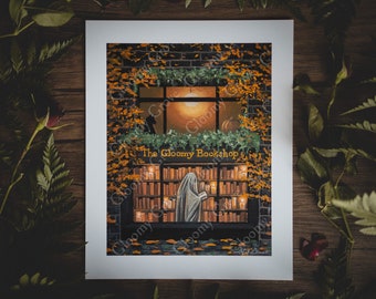 8x10in Fine Art Print | The Gloomy Bookshop | Spooky Ghost | Fall Artwork | Halloween | Black Cat