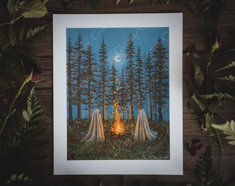 8x10in Fine Art Print | Fireside | Spooky Ghost | Fall Artwork | Halloween | Halloween Art | Cottagecore