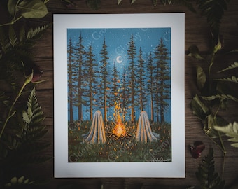 8x10in Fine Art Print | Fireside | Spooky Ghost | Fall Artwork | Halloween | Halloween Art | Cottagecore
