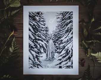May include: Black and white art print depicting a ghost figure walking through a snowy forest. The artwork features a grayscale color palette with detailed snow-covered trees lining the path. The print is on white paper.
