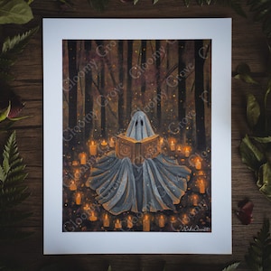 8x10in Fine Art Print | Midnight Conjuration | Spooky Ghost | Fall Artwork | Halloween | Halloween Magic | Witch | Spellbook
