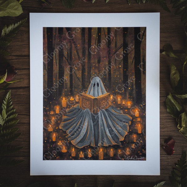 8x10in Fine Art Print | Midnight Conjuration | Spooky Ghost | Fall Artwork | Halloween | Halloween Magic | Witch | Spellbook