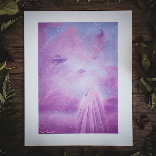 Impresión artística de 8 x 10 pulgadas / Fantasma espeluznante / Obra conceptual / OVNI adorable / Cielo rosa / Vibras de Halloween / Arte mural