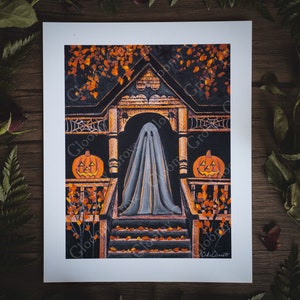 8x10in Fine Art Print | Warm Welcome | Spooky Ghost | Fall Artwork | Halloween | Halloween Art | Pumpkin | Jack o' Lantern