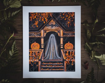 8x10in Fine Art Print | Warm Welcome | Spooky Ghost | Fall Artwork | Halloween | Halloween Art | Pumpkin | Jack o' Lantern