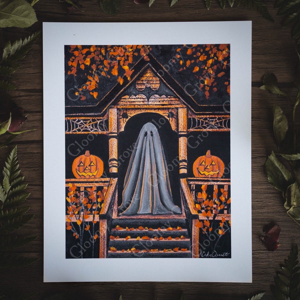 8x10in Fine Art Print | Warm Welcome | Spooky Ghost | Fall Artwork | Halloween | Halloween Art | Pumpkin | Jack o' Lantern