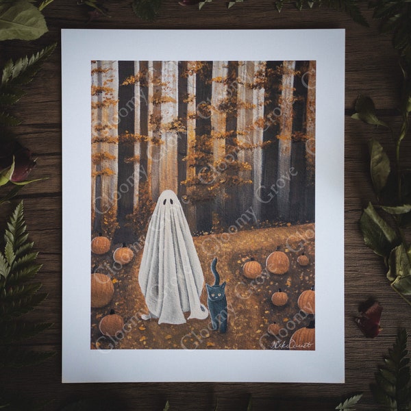 8x10in Fine Art Print | Autumn Omens | Spooky Ghost | Fall Artwork | Halloween | Black Cat