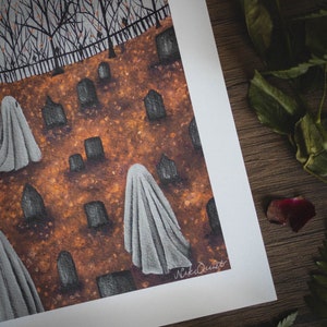 8x10in Fine Art Print Graveyard Stroll Spooky Ghost Fall Artwork Halloween Gothic Art image 2