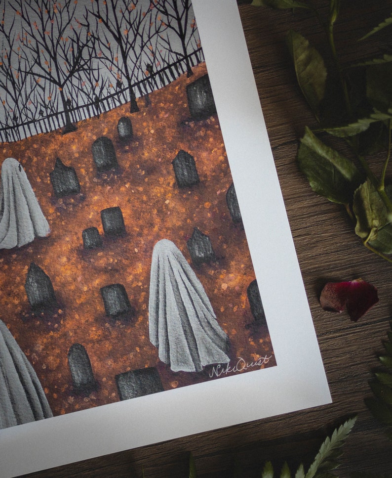 8x10in Fine Art Print Graveyard Stroll Spooky Ghost Fall Artwork Halloween Gothic Art image 2