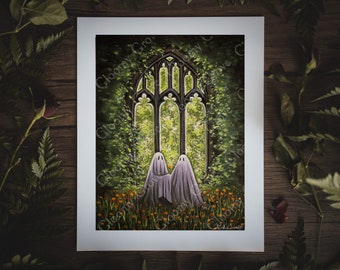May include: Two white ghosts stand in a field of orange flowers in front of a large, overgrown gothic window.