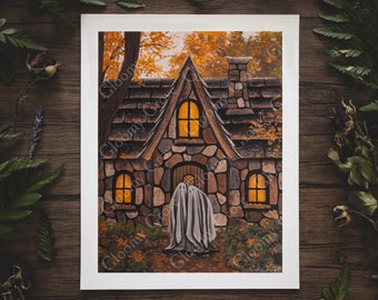 May include: A print of a stone cottage with a ghost figure at the door. The cottage has a steeply pitched roof and glowing windows. The artwork is set against a backdrop of autumn foliage, with the text "Gloomy Crow" and "Nik Olive" visible.
