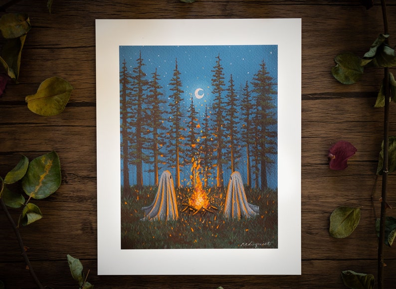 8x10in Fine Art Print | Fireside | Spooky Ghost | Fall Artwork | Halloween | Halloween Art | Cottagecore 