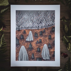 8x10in Fine Art Print Graveyard Stroll Spooky Ghost Fall Artwork Halloween Gothic Art image 1