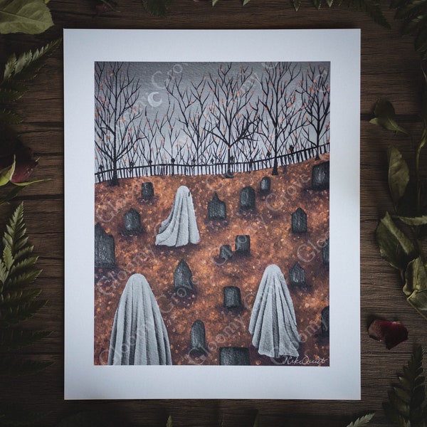 8x10in Fine Art Print | Graveyard Stroll | Spooky Ghost | Fall Artwork | Halloween | Gothic Art