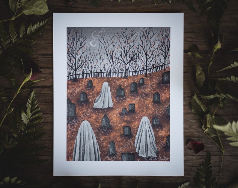 8x10in Fine Art Print Graveyard Stroll Spooky Ghost Fall Artwork Halloween Gothic Art image 1