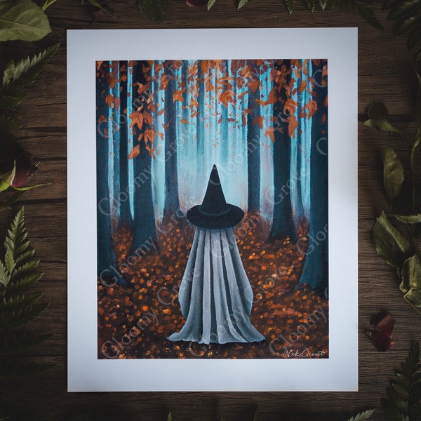 Impresión de bellas artes de 8 x 10 pulgadas / Hora de las brujas / Fantasma espeluznante / Obra de arte de otoño / Halloween / Arte de Halloween / Bosque / Bruja