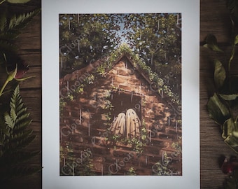 May include: A painting of a small brick building with a green roof, overgrown with vines. Two white ghosts peek out of a window, looking out at the rain.