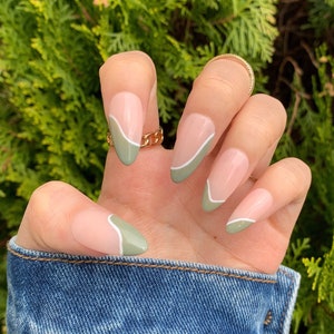 Spring Sage Tips · Press on Nails · Handpainted False Nails · Spring Nails · Sage Nails · Abstract Nails · Short/Long Nails