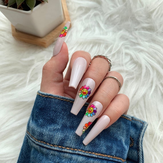 murakami flower press on nails handpainted false etsy paznokcie zaprasowane w kwiaty zel podologiczny