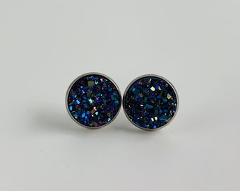 Dark Purple and Blue  12mm Crystal Faux Druzy Cabochons Studs Earrings