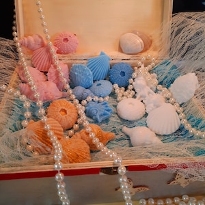 Può includere: Una scatola di legno piena di diversi saponi a forma di conchiglia, tra cui rosa, blu e bianco. La scatola è decorata con una collana di perle e un'overlay di pizzo bianco.