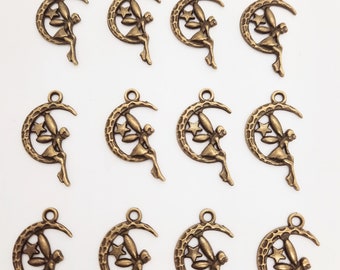 Fairy Charms Moon Star Angel  Fairy Jewellery Making Crafts DIY Handmade Crafts Bronze Fairy Crescent Moon Pendant  25x14mm