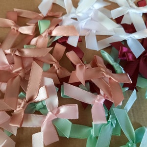Pode incluir: Uma coleção de pequenos laços de fita de cetim em várias cores, incluindo branco, rosa, verde claro e bordô. Os laços estão dispostos em um padrão aleatório sobre uma superfície marrom.
