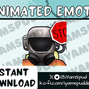 May include: Animated emote featuring a cartoon character wearing a gas mask and holding a red stop sign. The character is wearing a yellow and orange jumpsuit. The background is a light blue color with the text "YamsPud" repeated.