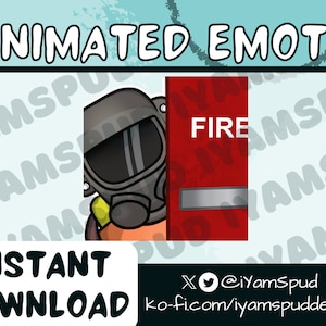 May include: Animated emote of a cartoon character wearing a gas mask peeking around a red fire alarm door with the word "FIRE" on it. The background is a light blue with the text "IYAMSPUD" repeated in a pattern.