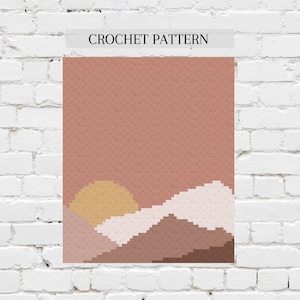 Peut inclure: Modèle de crochet pour un paysage de coucher de soleil avec des montagnes et un soleil. Les couleurs sont rose, marron, blanc et jaune.