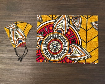 African Head Wrap with face mask (70 Inches X 20 Inches)- African Prints, Comfortable & Breathable-100% Cotton-Layered Mask-B-1