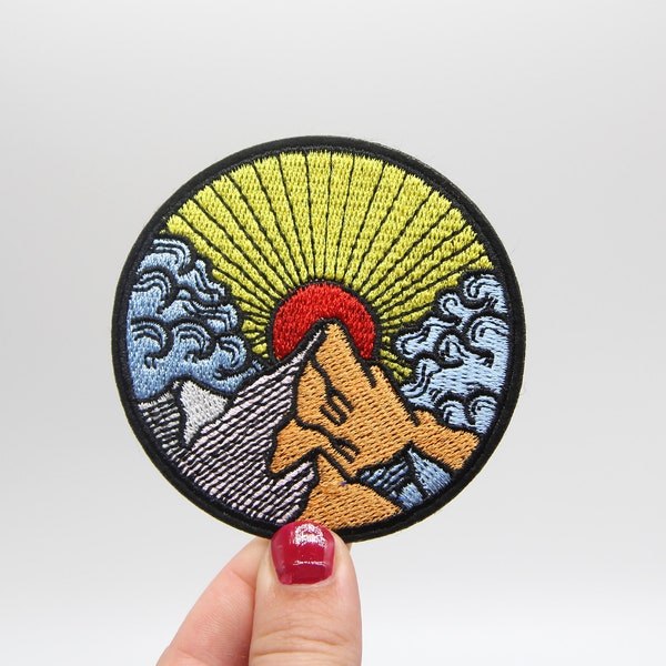 Sunburst Mountain Landscape Patch Iron on Outdoor Patch Embroidered Badge Wanderlust Hiking Explorer Motif Appliqué Adventure  Hiker - 35