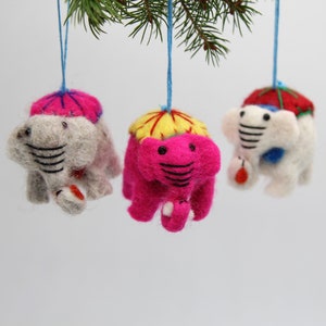 Set of 3 Hanging Felt Elephant Decorations for Christmas Tree - Cute Quality 100% Wool Felted Handmade Fun Quirky Decoration Xmas Ornament