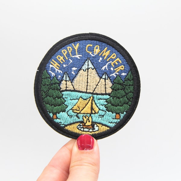 Camping 'Happy Camper' Patch - Iron on Explorer Patch Embroidered Patch Iron on Badge Wunderlust Motif Appliqué Clothes Patch Quality - 34