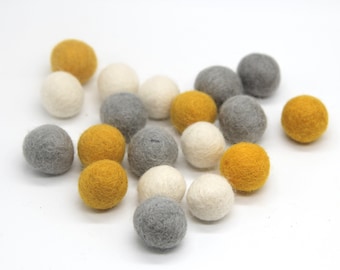 Mustard, Grey, Ivory, White Pom Pom Palette - 20 balls -  1cm, 1.5cm, or 2cm Wool Felt Balls in 100% Wool Handmade Felt Balls Felt Beads