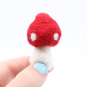 May include: A small, red felt mushroom with white spots. The mushroom is held in a hand with blue nail polish.