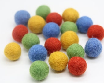 Primary Rainbow Pom Pom Palette - 20 balls - 1cm, 1.5cm, or 2cm Wool Felt Balls in 100% Wool Handmade Felt Balls Pom Poms Felt Beads