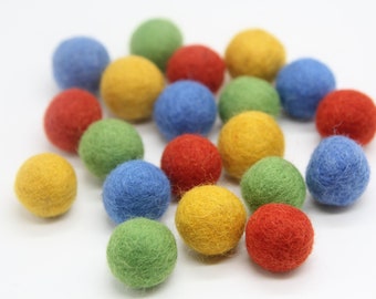 Rainbow Wool Felt Balls – Primary Colors, 1cm-2cm, 20 Count