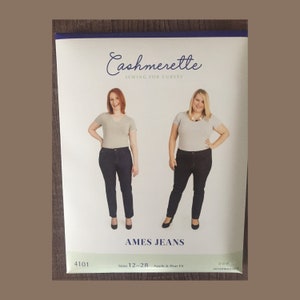 May include: A sewing pattern for Ames Jeans by Cashmerette Sewing for Curves. The pattern is for sizes 12-28 and is for an Apple & Pear fit. The pattern is labeled as intermediate difficulty.