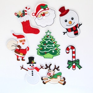 Christmas Character Patch - Iron on Metallic Xmas Patch - Santa, Christmas Tree, Snowman, Penguin, Reindeer Iron on Badge Motif Appliqué