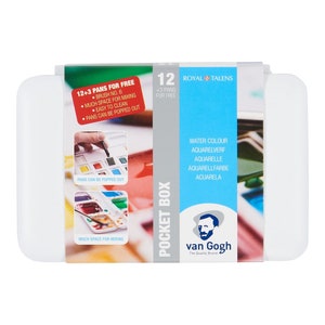 Van Gogh Watercolour - Water Colour Pocket Box Basic Colours with 12 Colours in Half Pans + 3 Colours for Free + Brush Royal Talens Van Gogh