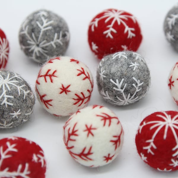 Handmade Wool Felt Christmas Embroidered Snowflake Bauble Ball - Sold Individually - approx 3cm - Red, Light Grey, Ivory White